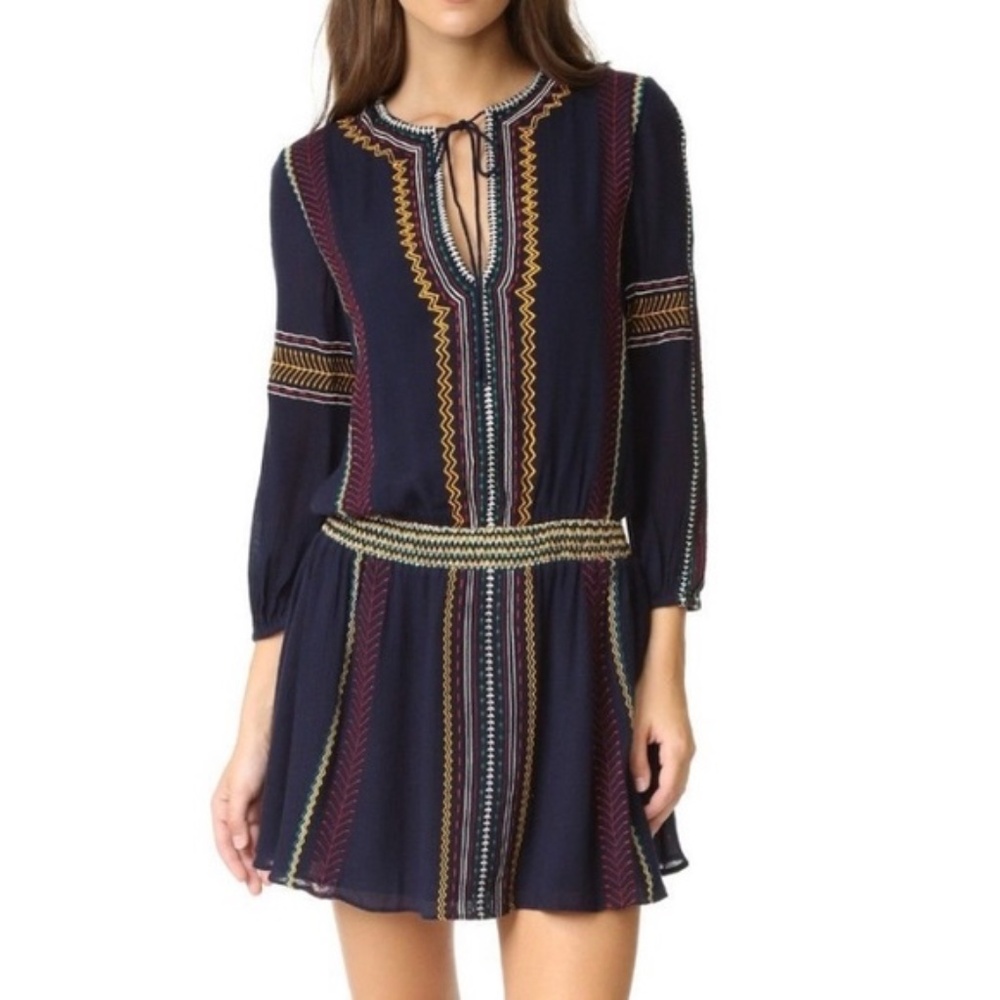 Alice + Olivia Jolene Embroidered Drop Waist Peasant Navy Blue Dress